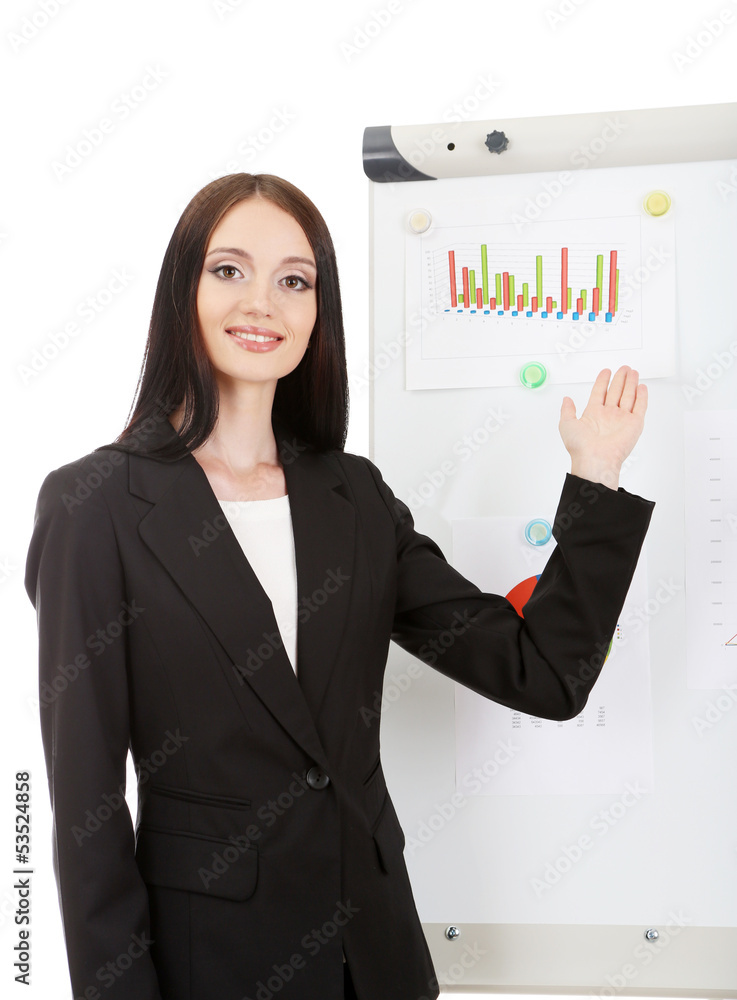Businesswoman presenting on whiteboard.