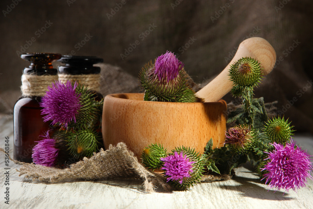 Medicine bottles and mortar with thistle flowers