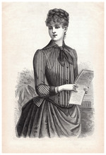 Young Woman In Corsage Dress With Letter. Vintage Clothing 1888