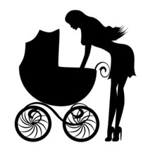 Silhouette Of A Young Woman With A Stroller