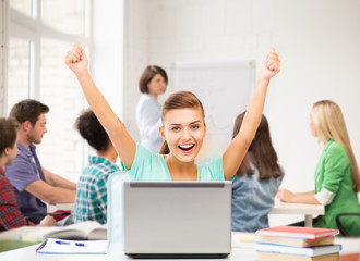 Poster - happy student girl with laptop at school