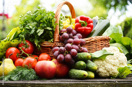 Fresh organic vegetables in wicker basket in the garden © monticellllo
