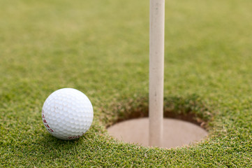 Golf ball on green grass, selective focus