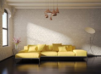 Contemporary stylish loft interior, brick walls, yellow sofa