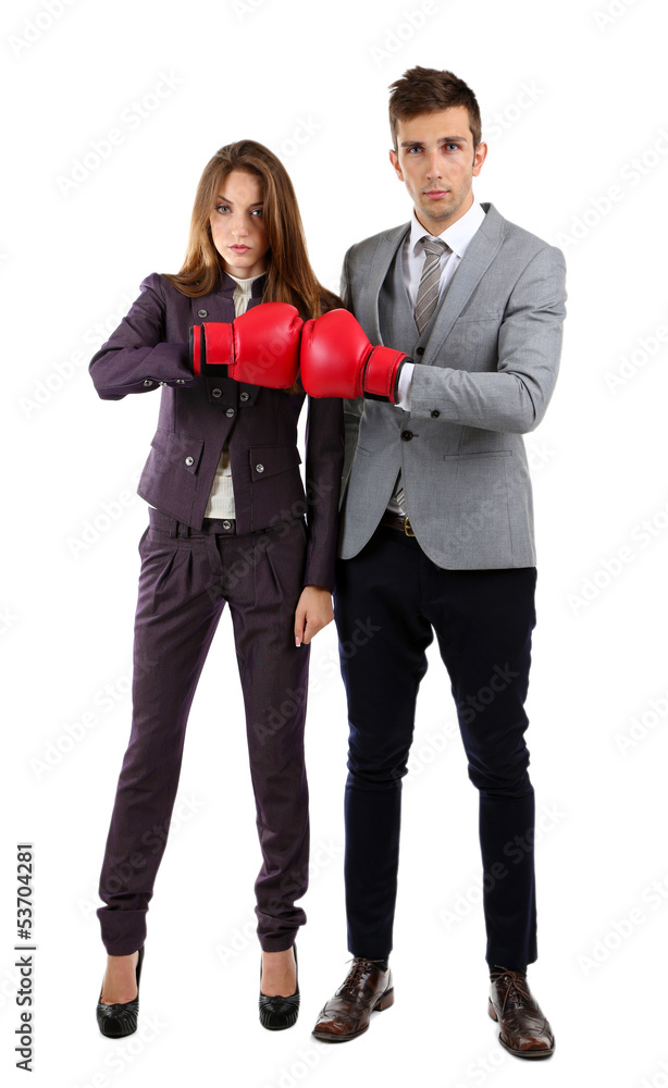 Young business people in boxing gloves isolated on white