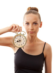 woman with alarm clock, isolated on white background