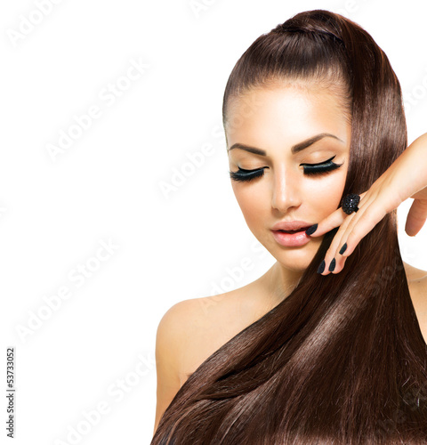 Fotografia Beauty Fashion Girl with Long Hair. Trendy Caviar Black Manicure