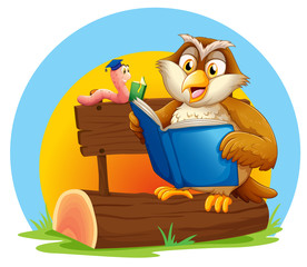 Sticker - An owl and a worm reading a book