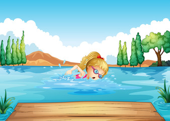 Wall Mural - A girl swimming in the river