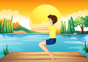 Poster - A boy exercising near the deep river