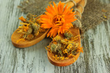 Fototapeta Sawanna - Fresh and dried calendula flowers on wooden background