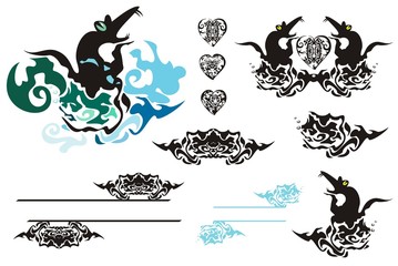 Tribal design elements:rats, fishes, hearts, frames