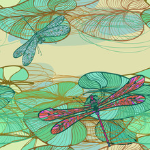 Seamless Vintage Floral Pattern With Lotus And Dragonflies