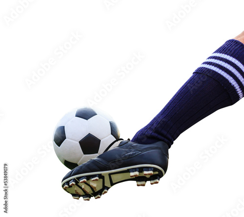 Naklejka dekoracyjna foot kicking soccer ball isolated with clipping path