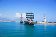 Tourists enjoying sea journey on vintage sailships in Alanya, Tu