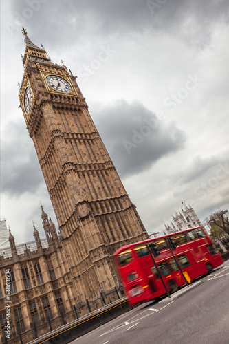 Obraz na płótnie canvas czteroczęściowy "tetraptyk" Big Ben i piętrowy autobus, Londyn
