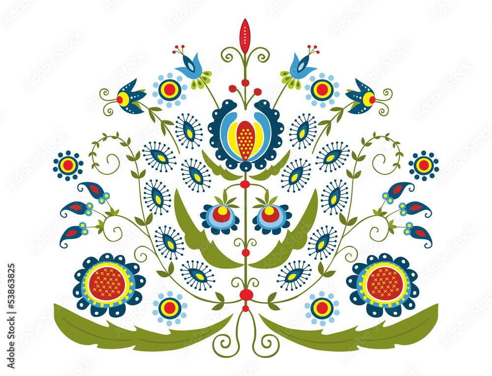 Polski wzór z dekoracyjnymi kwiatami - obrazy, fototapety, plakaty 