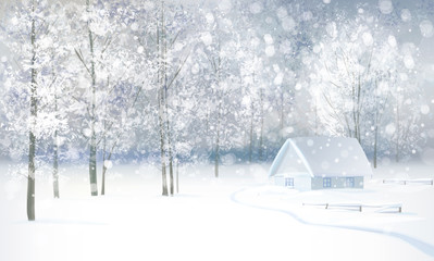 Wall Mural - vector of winter snowy landscape with house in forest.