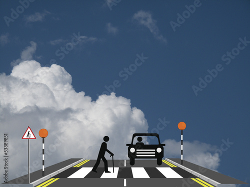 Old man slowly walking across a zebra crossing Poster