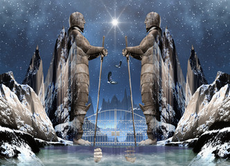 Wall Mural - Fantasy Scene with Statues, Mountains and a Lake