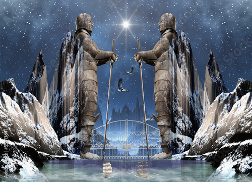 Fototapeta na wymiar Fantasy Scene with Statues, Mountains and a Lake