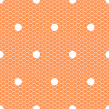 White Polka Dot On Orange Lace Mesh Seamless Pattern, Vector