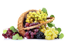 Assortment Of Ripe Sweet Grapes In Basket, Isolated On White.