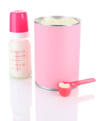 Fototapete - Powdered milk with baby bottle of milk isolated on white.