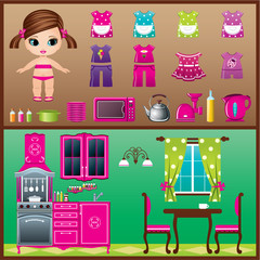 Wall Mural - Paper doll with clothes set.