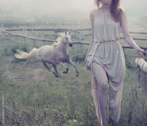 Fototapeta na wymiar Delicate brunette posing with horse in the background