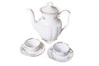 White porcelain teapot  and two cups- white background