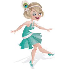 Laughing Cute Cartoon Flapper Girl In Art Deco Dress
