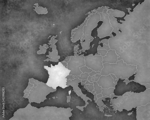 Obraz w ramie Map of Europe - France (b&w)