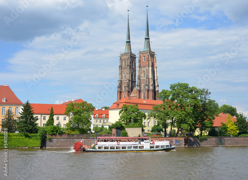 Obraz w ramie Wroclaw Weichsel Boot und Kathdrale