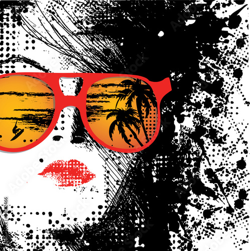 Plakat na zamówienie Czarno-biała twarz kobiety z okularami przeciwsłonecznymi