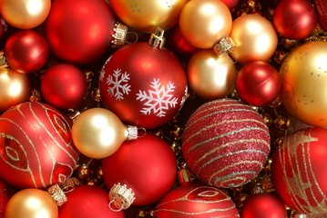 Wall Mural - High resolution image of red and golden Christmas ornaments.