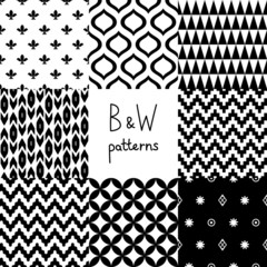Wall Mural - Black and white geometric seamless patterns set, vector