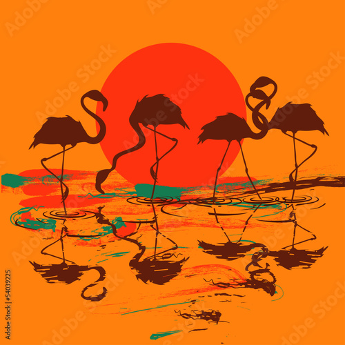 Fototapeta na wymiar Illustration with flock of flamingos at sunset or sunrise