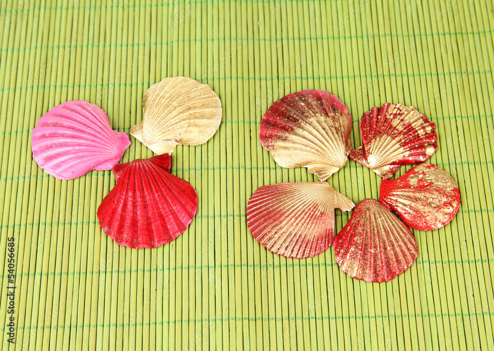 Colorful seashells on bamboo mat background