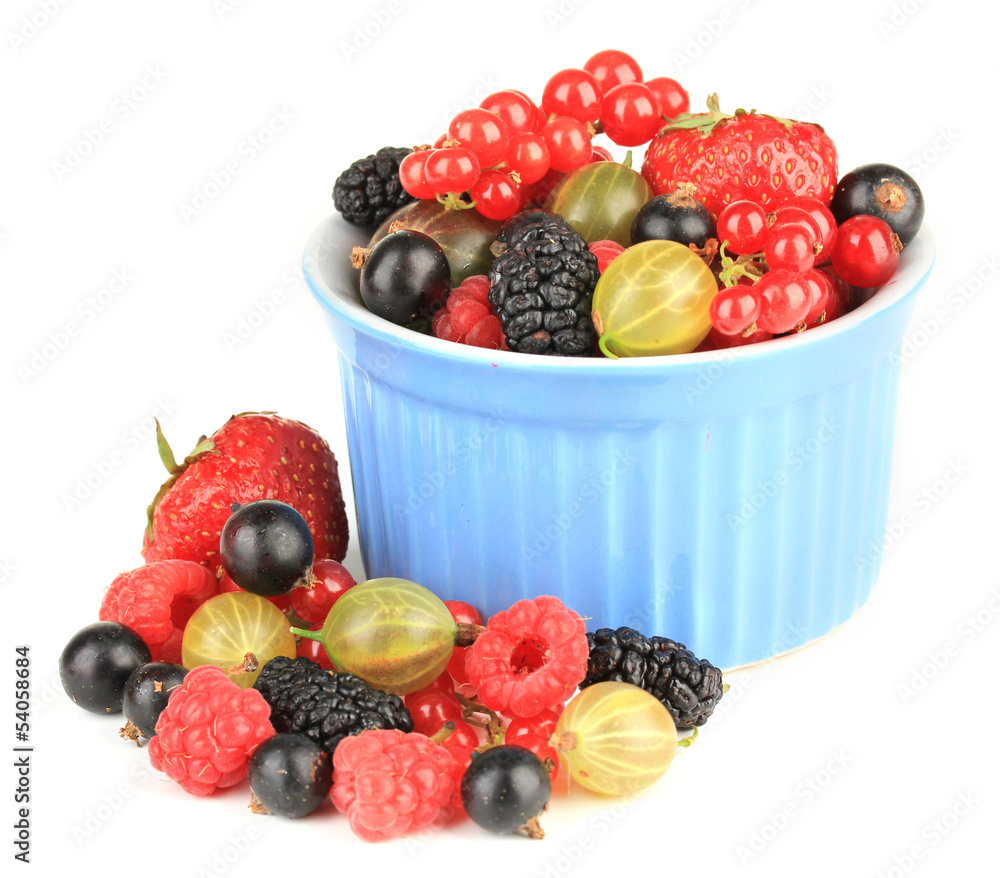 Ripe berries in bowl isolated on white