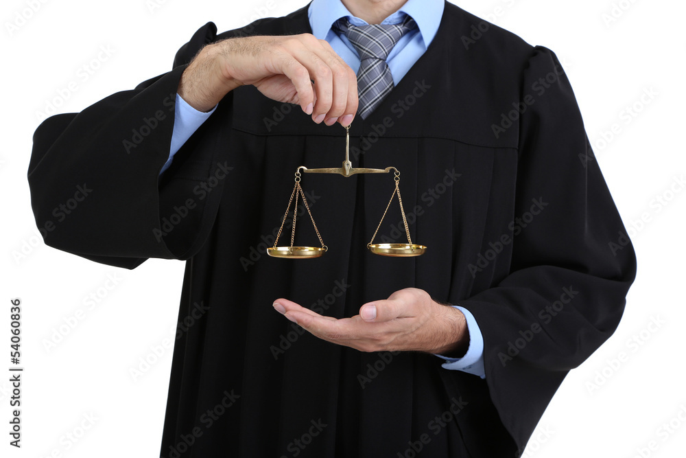 Judge holding scales isolated on white