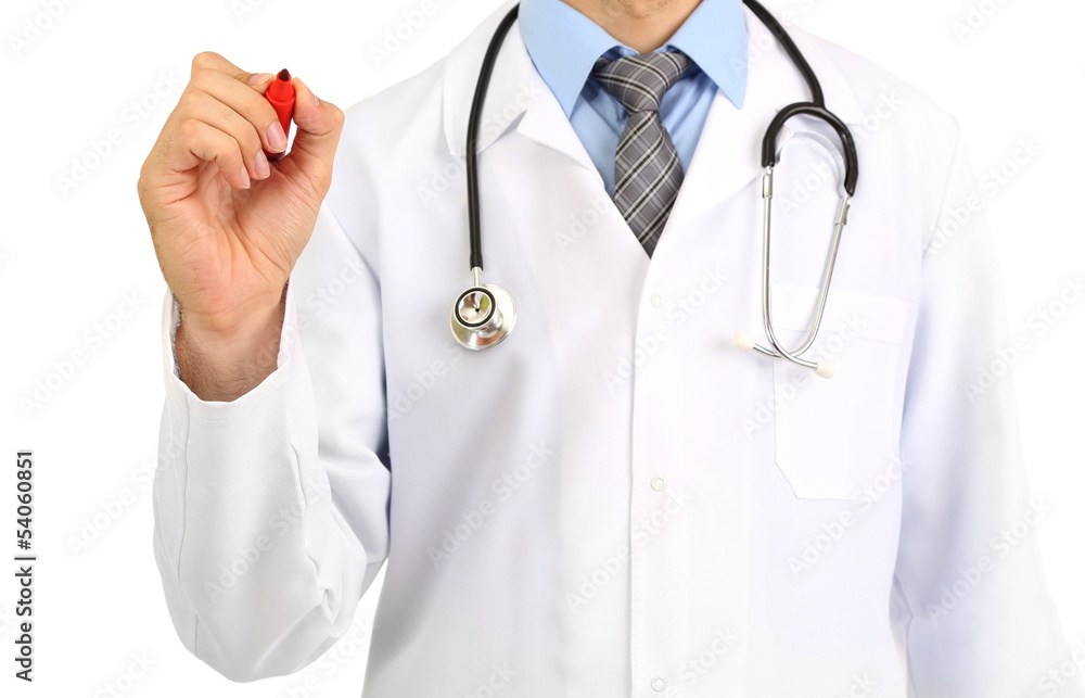 Medical doctor with pen isolated on white