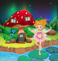 Wall Mural - A fairy flying beside a mushroom house