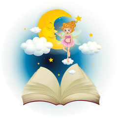 Aufkleber - An open book with a cute fairy and a sleeping moon