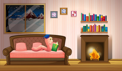 Aufkleber - A worm reading a book near the fireplace