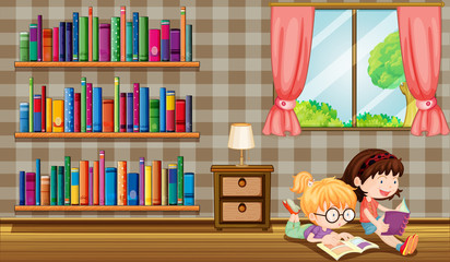 Aufkleber - Two girls reading books beside the bookshelves