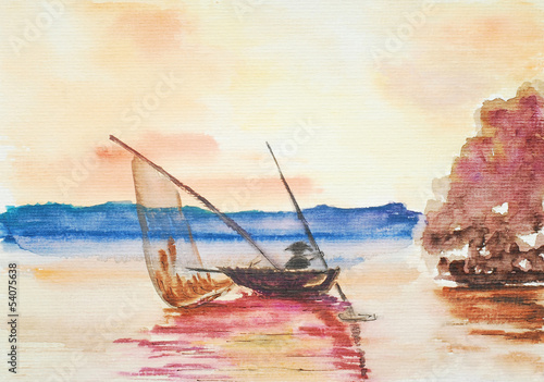 Naklejka na szybę sailor on the boat, watercolor painting