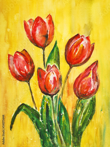Naklejka - mata magnetyczna na lodówkę watercolor painting, tulips