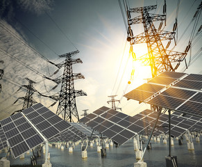 solar energy panels and power transmission tower