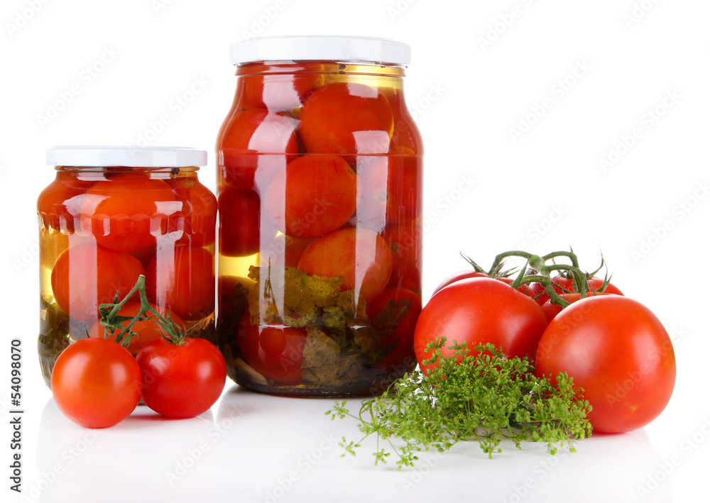 Tasty canned and fresh tomatoes, isolated on white